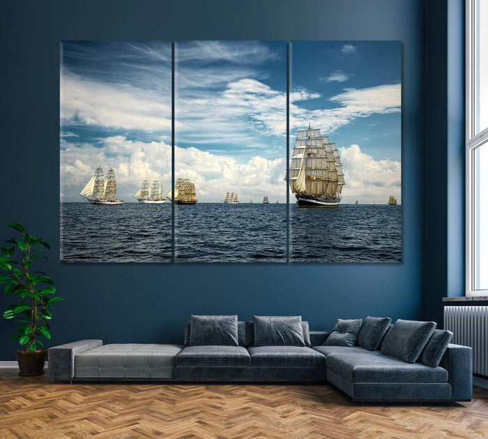 The Sailboats on Ocean Wall Art Frame Canvas Printing Decor-3Panels - BlueArtDecor