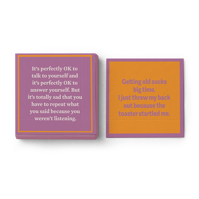 Add humor to your party with Drinks On Me's Threw Out Back Napkins—one pink with a talking-to-yourself quip, one orange joking about aging and toasters. Fun, colorful napkins for birthdays or cocktails!.