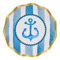 Pair Sophistiplate’s Tidal Wave Appetizer/Dessert Bowls (8pk), featuring blue and white stripes, a central anchor, and a gold scalloped edge, with your nautical tableware for the perfect seaside party touch.