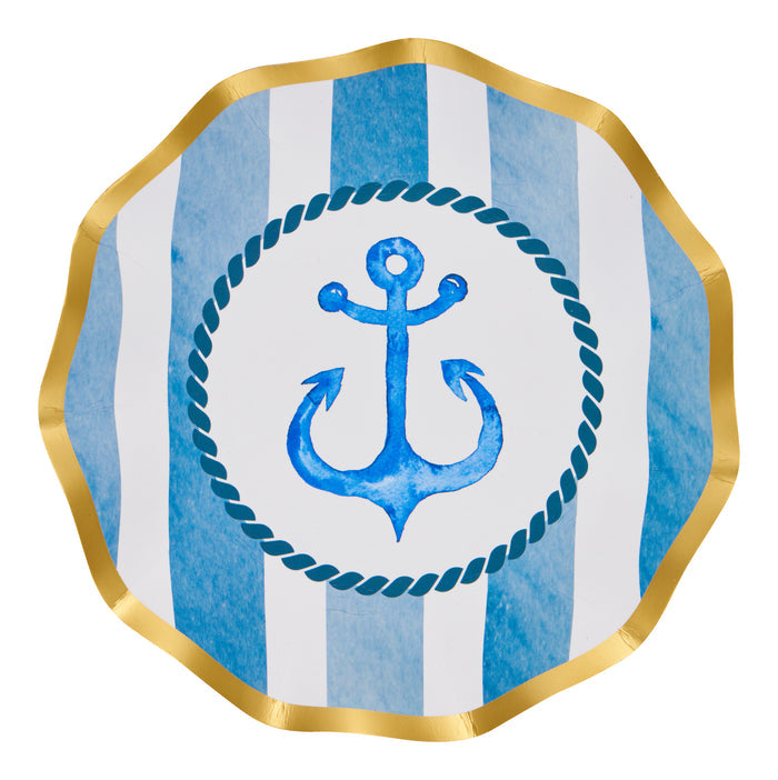 Pair Sophistiplate’s Tidal Wave Appetizer/Dessert Bowls (8pk), featuring blue and white stripes, a central anchor, and a gold scalloped edge, with your nautical tableware for the perfect seaside party touch.
