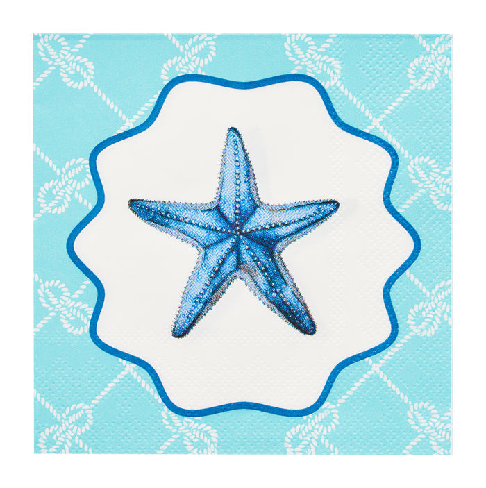 The Sophistiplate Tidal Wave Cocktail Napkins (26pk) feature a blue starfish on a white, scalloped shape with blue trim and a rope pattern—perfect coastal accents for your next gathering.