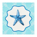 The Sophistiplate Tidal Wave Cocktail Napkins (26pk) feature a blue starfish on a white, scalloped shape with blue trim and a rope pattern—perfect coastal accents for your next gathering.