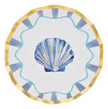 The Sophistiplate Tidal Wave Dinner Plates (8pk) feature a round white design with scalloped edges, blue and gold stripes, and a central blue seashell—ideal for coastal-themed or stylish seashell dinnerware collections.