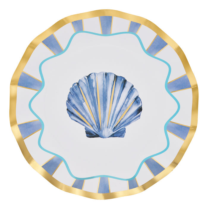The Sophistiplate Tidal Wave Dinner Plates (8pk) feature a round white design with scalloped edges, blue and gold stripes, and a central blue seashell—ideal for coastal-themed or stylish seashell dinnerware collections.