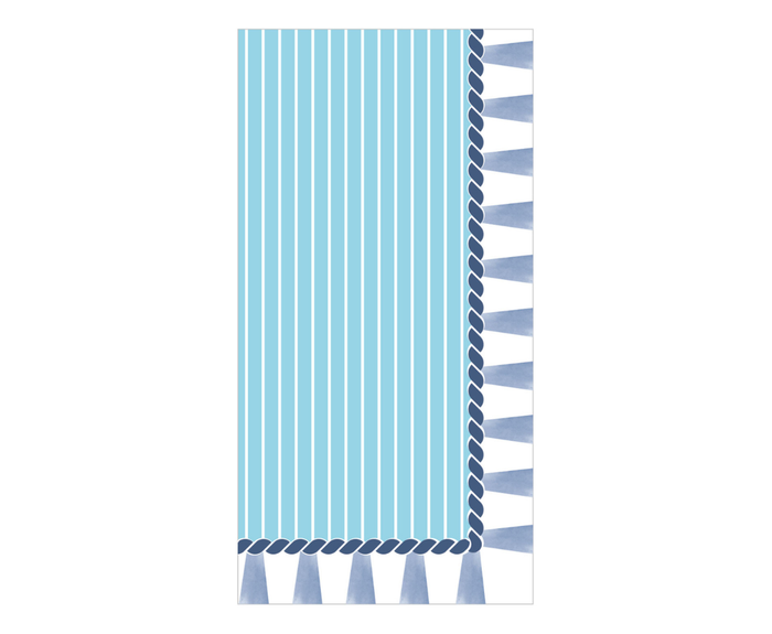 Sophistiplate's Tidal Wave Guest Towels (20pk) feature vertical light blue and white stripes, a dark blue rope motif along one edge, and blue tassels on the short side—ideal for a coordinated seaside look with coastal napkins.