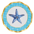 The Sophistiplate Tidal Wave Salad Plates (8pk) feature a wavy edge, blue and yellow starfish center, gold rim, and blue border with white knots—ideal coastal-themed tableware for ocean-inspired parties.