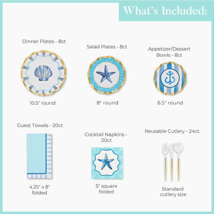 The Sophistiplate Tidal Wave Table Setting includes designer paper plates, salad plates, bowls with blue nautical designs, guest towels, starfish cocktail napkins, and reusable white cutlery—ideal for a coastal tablescape. Quantities/sizes listed.
