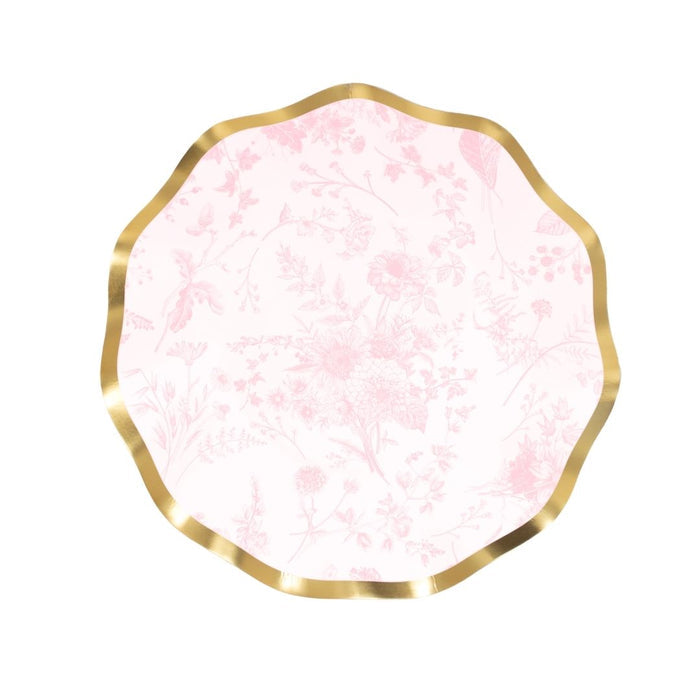 Sophistiplate's Timeless Blush Appetizer/Dessert Bowls (8pk) feature a round design with delicate pink florals and a wavy metallic gold rim, perfect for adding elegance to any setting. Shown from above on a white background.