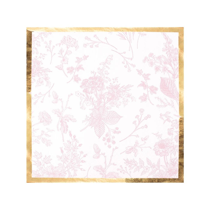 The Sophistiplate Timeless Blush Cocktail Napkins (20pk) feature a pink floral pattern on a white background, elegantly accented with a gold foil border.