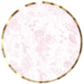 The Sophistiplate Timeless Blush Dinner Plates (8pk) feature a round design with a gold rim and light pink floral pattern on white—ideal for elegant gatherings.