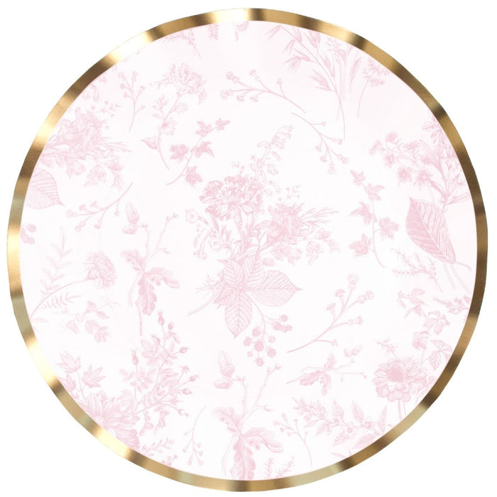 The Sophistiplate Timeless Blush Dinner Plates (8pk) feature a round design with a gold rim and light pink floral pattern on white—ideal for elegant gatherings.