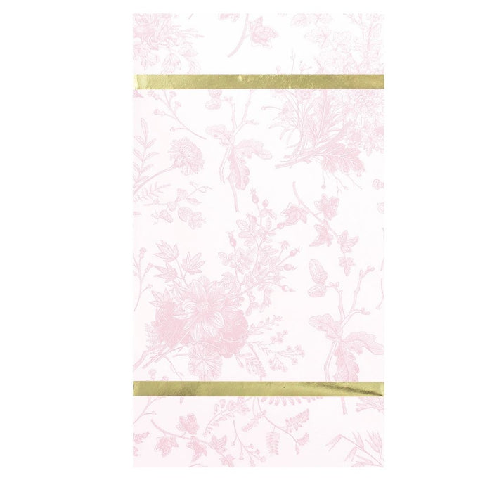 The Sophistiplate Timeless Blush Guest Towels (20pk) feature a pale pink floral pattern with two gold lines, combining elegance and style for any occasion.