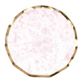The Sophistiplate Timeless Blush Salad Plates/8pk feature a round ruffled shape, pink floral pattern, and wavy metallic gold rim on white—perfect decorative paper plates for special occasions.