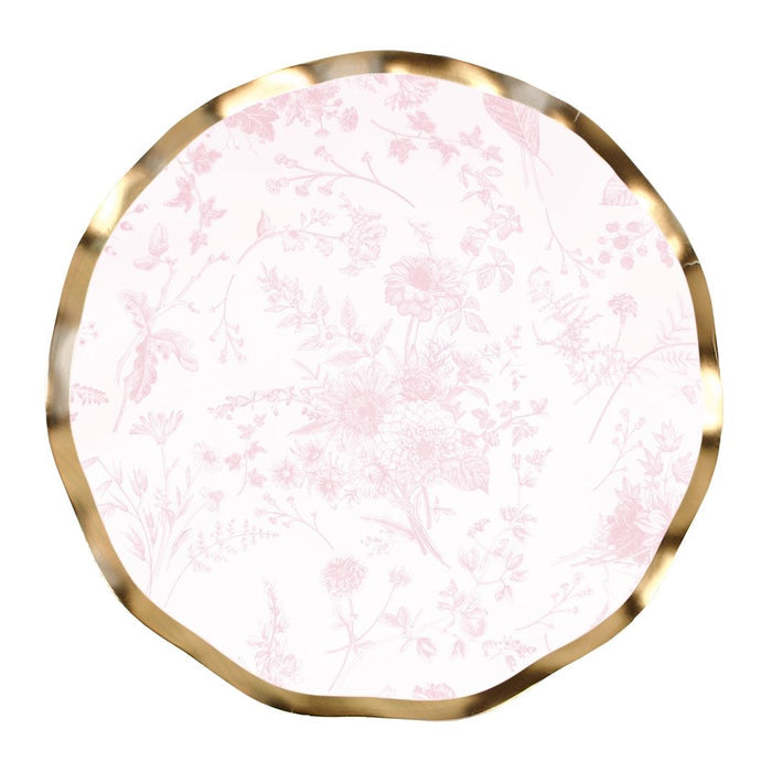 The Sophistiplate Timeless Blush Salad Plates/8pk feature a round ruffled shape, pink floral pattern, and wavy metallic gold rim on white—perfect decorative paper plates for special occasions.