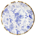 Elevate your next holiday gathering with Timeless Dinner Plates by Sophistiplate—a set of 8 round paper plates featuring a metallic gold rim and detailed blue floral and botanical patterns on a crisp white background, perfect for adding a touch of elegance to any occasion.
