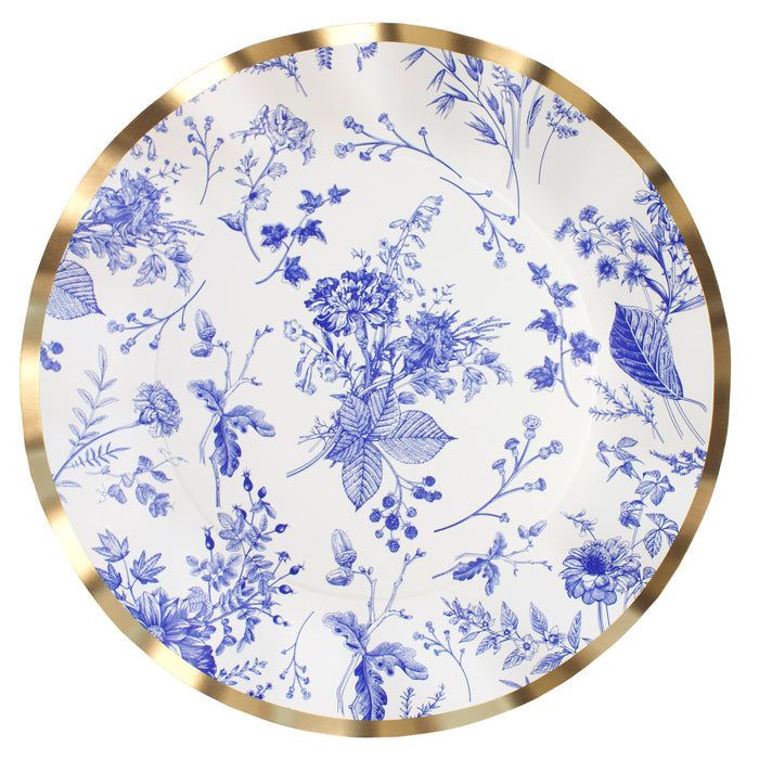 Elevate your next holiday gathering with Timeless Dinner Plates by Sophistiplate—a set of 8 round paper plates featuring a metallic gold rim and detailed blue floral and botanical patterns on a crisp white background, perfect for adding a touch of elegance to any occasion.
