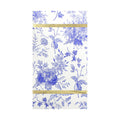 Elevate your table setting with the Sophistiplate Timeless Guest Towels/20pk—white napkins beautifully decorated with intricate blue floral and leaf motifs and accented by two horizontal metallic gold stripes along the top and bottom edges, ideal for anyone seeking elegant guest towels that add a sophisticated touch to any occasion.