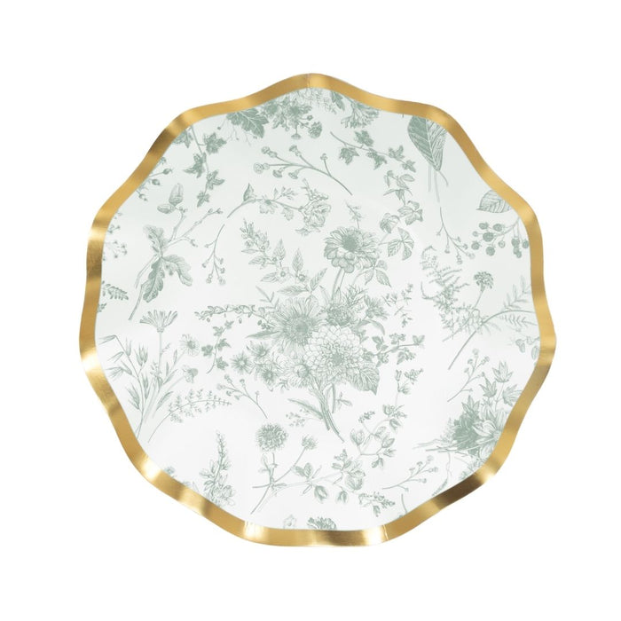 The Timeless Sage Appetizer/Dessert Bowls (8pk) by Sophistiplate feature a gold border and green floral pattern on white, perfectly complementing your floral paper plates for elegant table settings.