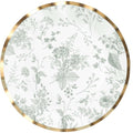 Sophistiplate Timeless Sage Dinner Plates, 8pk—round disposable plates with a gold foil edge and light green botanical pattern on white; ideal for elegant occasions.