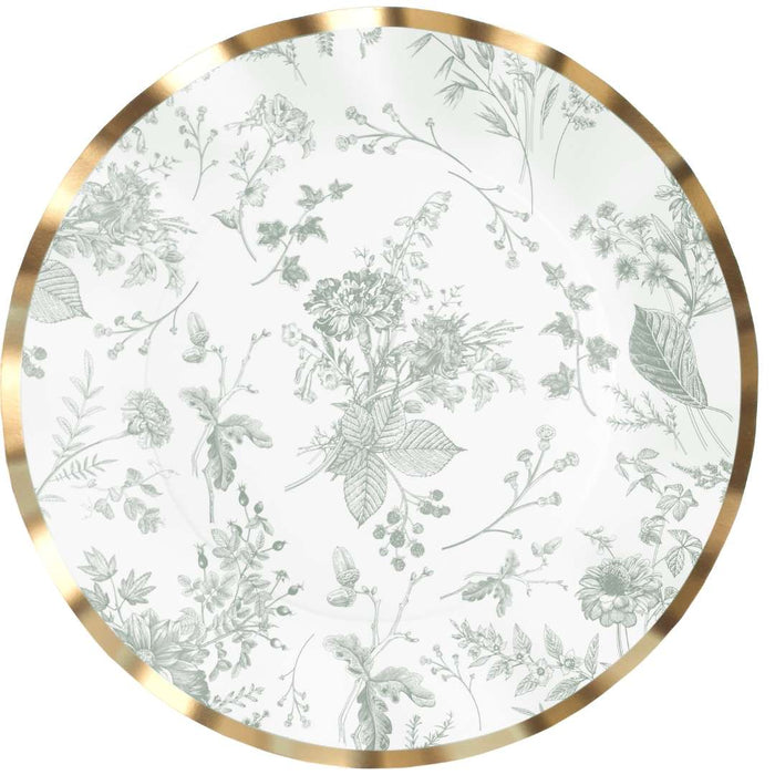 Sophistiplate Timeless Sage Dinner Plates, 8pk—round disposable plates with a gold foil edge and light green botanical pattern on white; ideal for elegant occasions.