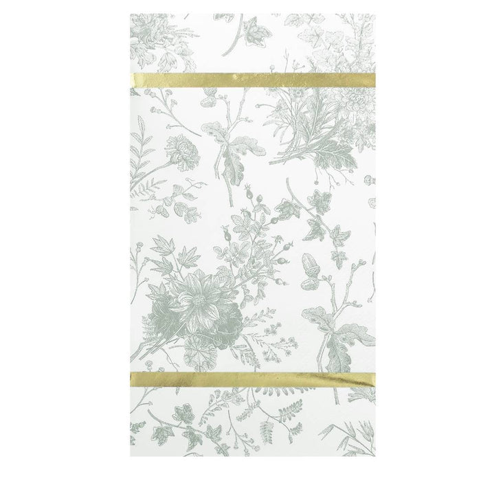 The Sophistiplate Timeless Sage Guest Towels (20pk) feature a white rectangular design with delicate light gray floral lines and gold bands, offering an elegant, minimal look ideal for pairing with your favorite floral or elegant napkins.