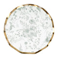 The Sophistiplate Timeless Sage Salad Plates/8pk feature a light gray floral pattern and gold wavy-edged rim, making them the perfect elegant match for your tray and ideal for any sophisticated event.