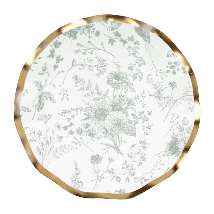 The Sophistiplate Timeless Sage Salad Plates/8pk feature a light gray floral pattern and gold wavy-edged rim, making them the perfect elegant match for your tray and ideal for any sophisticated event.