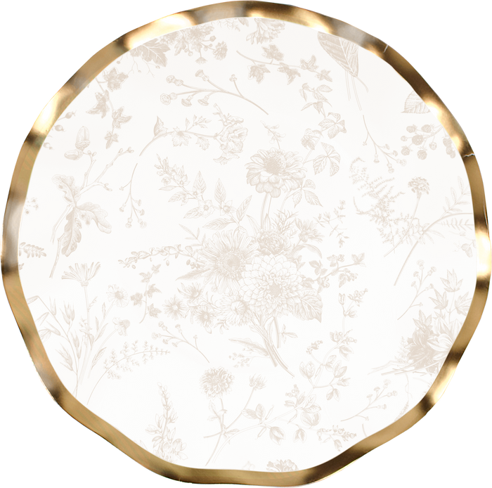 The Sophistiplate Timeless Sand Salad Plates/8pk feature a round shape, wavy gold metallic rim, and light floral pattern on white—ideal for elevating any table setting.