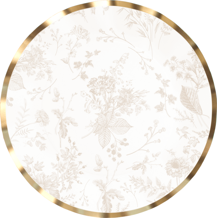 The Sophistiplate Timeless Sand Dinner Plates/8pk feature round scalloped edges, a gold metallic rim, and a delicate soft beige floral pattern on a white background.