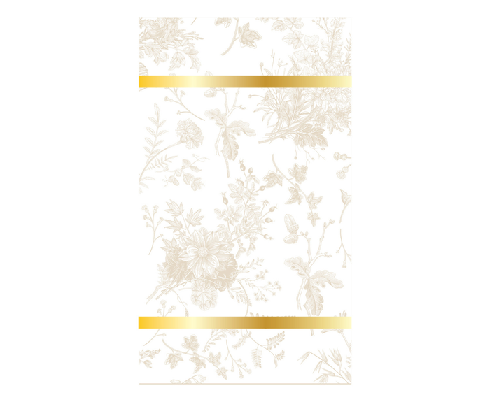 Sophistiplate's Timeless Sand Guest Towels (20pk) feature a white background with light beige floral patterns and elegant gold bands—ideal decorative napkins for adding sophistication to special occasions.