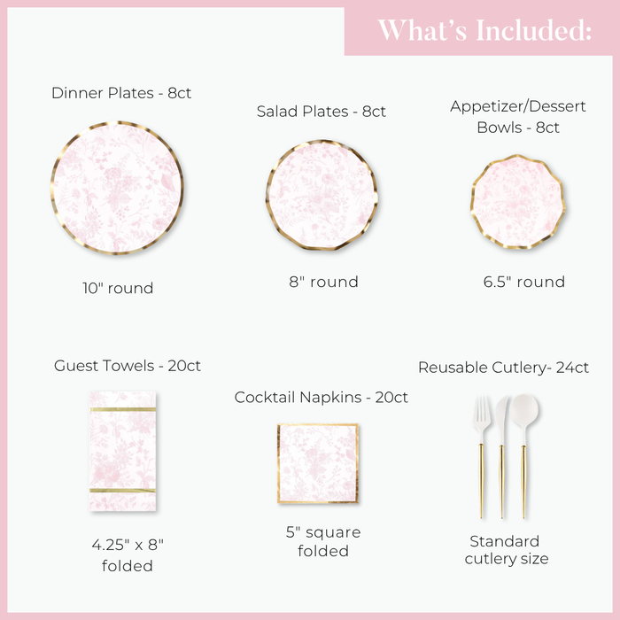 The Sophistiplate Timeless Table Setting: Blush includes 8 dinner plates (10"), 8 salad plates (8"), 8 bowls (6.5"), 20 guest towels, 20 cocktail napkins, and 24 pieces of reusable cutlery—everything for a stylish gathering.