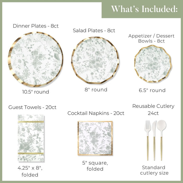 Timeless Table Setting: Sage by Sophistiplate includes 8 dinner plates (10.5"), 8 salad plates (8"), 8 appetizer/dessert bowls (6.5"), 20 guest towels, 20 cocktail napkins, and 24 reusable cutlery—each with a floral design.