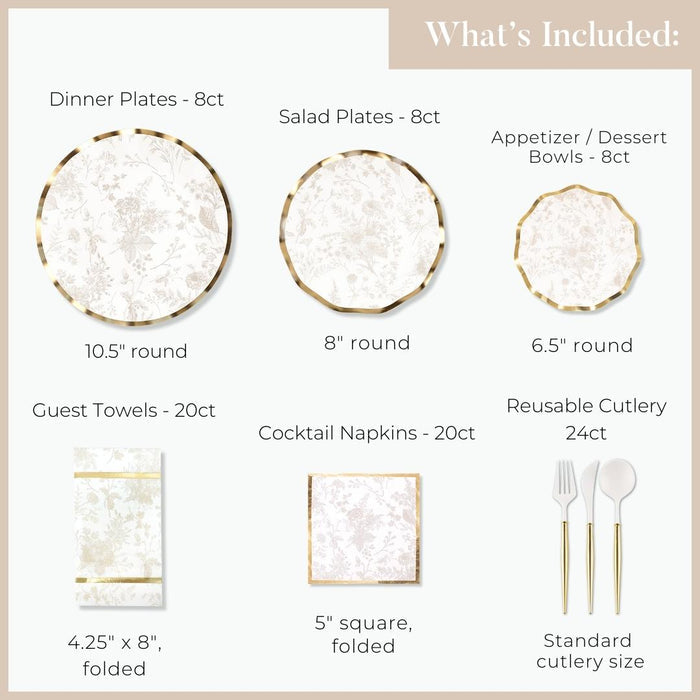 The Timeless Table Setting: Sand by Sophistiplate includes 8 designer plates (10.5”), 8 salad plates (8”), 8 bowls (6.5”), 20 guest towels, 20 cocktail napkins, and 24 reusable cutlery pieces.