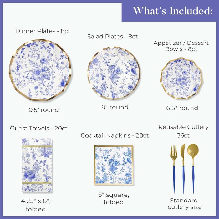Product listing of dinner plates, salad plates, appetizer bowls, guest towels, cocktail napkins, and reusable cutlery with floral patterns.