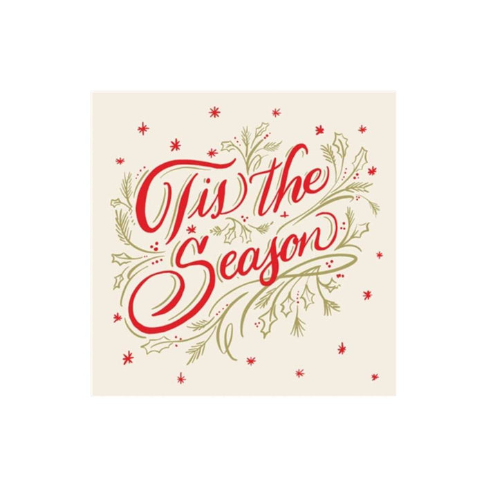 The Tis the Season Cocktail Napkins (20pk) from Hester & Cook feature “‘Tis the Season” in red script, surrounded by green holly, berries, and red snowflakes on light beige—perfect for festive holiday gatherings.