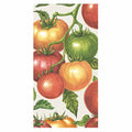 Illustration of tomatoes in various stages—green, yellow, orange, and red—on lush vines against a light background. Ideal for Hester & Cook Tomato Guest Napkin - pack of 16 or adding elegance to any table setting.