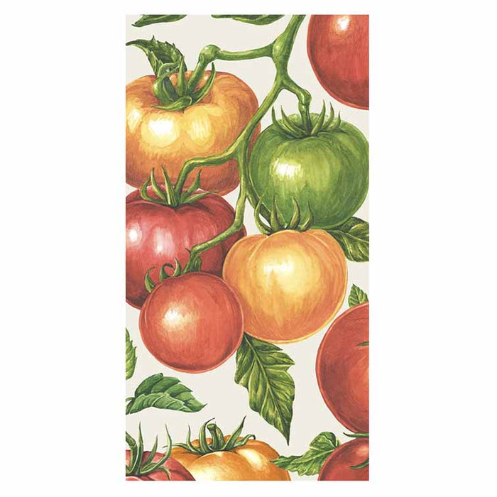 Illustration of tomatoes in various stages—green, yellow, orange, and red—on lush vines against a light background. Ideal for Hester & Cook Tomato Guest Napkin - pack of 16 or adding elegance to any table setting.