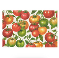 A seamless pattern of ripe red, orange, yellow, and green tomatoes with stems and leaves on a light background, inspired by the Tomato Vine Placemat - Pad of 18 Sheets from Hester & Cook.