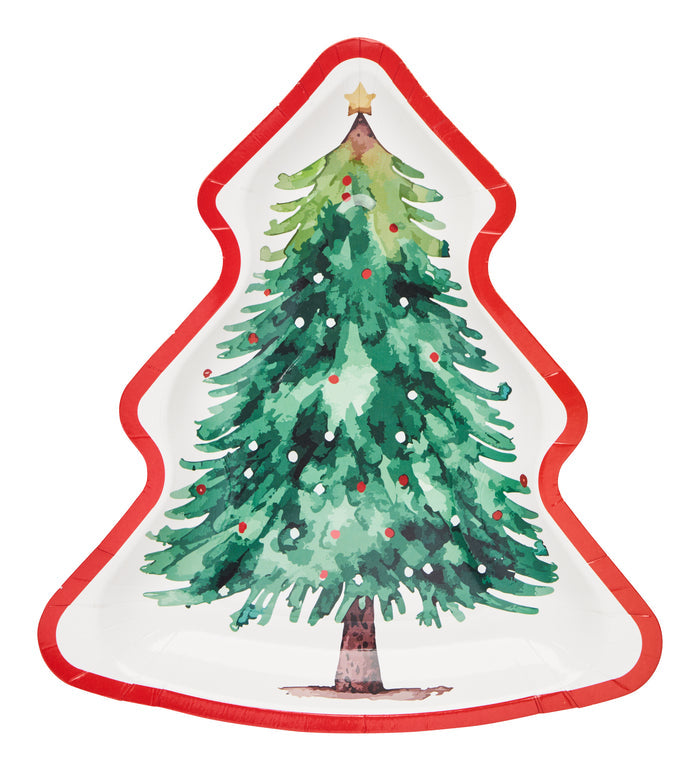 The Sophistiplate Tree Salad Plate Merry and Bright/8pk features a scalloped, Christmas tree-shaped disposable plate with watercolor-style red and white decorations—ideal for festive salad servings at your holiday table.