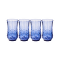 Four Sophistiplate LLC Tumbler Classic Tall glasses, 21 oz each in blue with a geometric pattern, are lined up on a white background. The set includes four dishwasher safe glasses.
