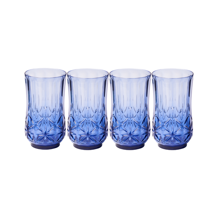 Four Sophistiplate LLC Tumbler Classic Tall glasses, 21 oz each in blue with a geometric pattern, are lined up on a white background. The set includes four dishwasher safe glasses.