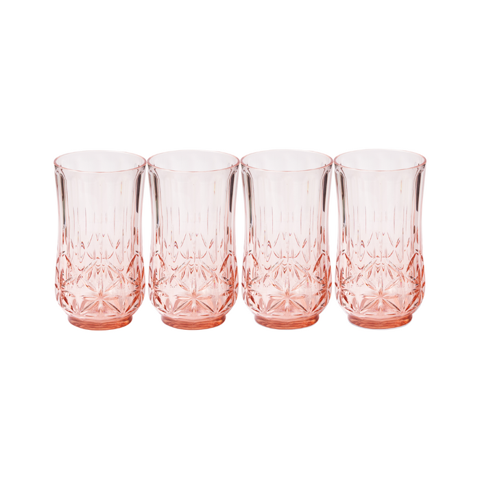 Sophistiplate LLC's Tumbler Classic Tall in Blush includes four 21 oz BPA-free, faceted plastic cups with a decorative pattern. These stylish, shatterproof tumblers are dishwasher safe and arranged side by side on a white background.
