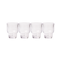 Four Sophistiplate LLC Tumbler Modern Short 13.5 oz shatterproof clear tumblers, sold as a 4 pack, are lined up in a row on a white background.