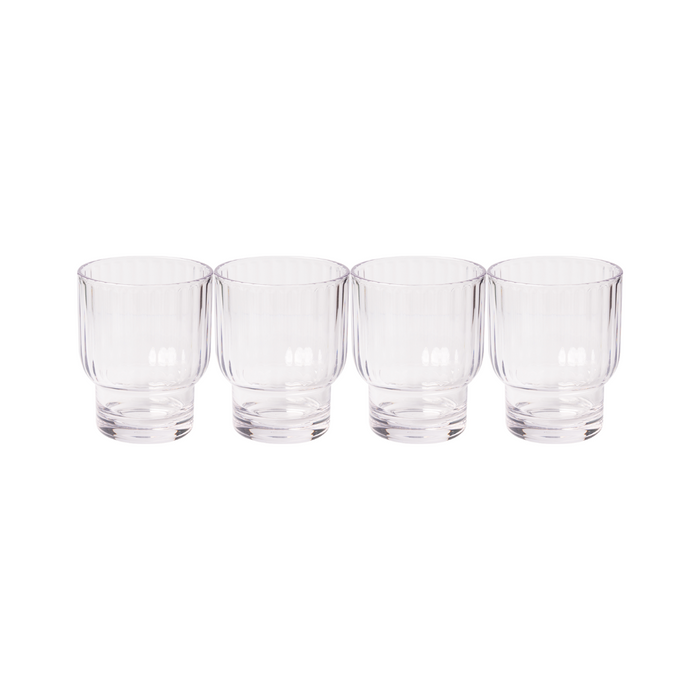 Four Sophistiplate LLC Tumbler Modern Short 13.5 oz shatterproof clear tumblers, sold as a 4 pack, are lined up in a row on a white background.