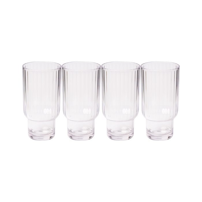Four Sophistiplate LLC Tumbler Modern Tall shatterproof clear tumblers (22.3 oz, 4 pack) are displayed in a straight line against a plain white background.