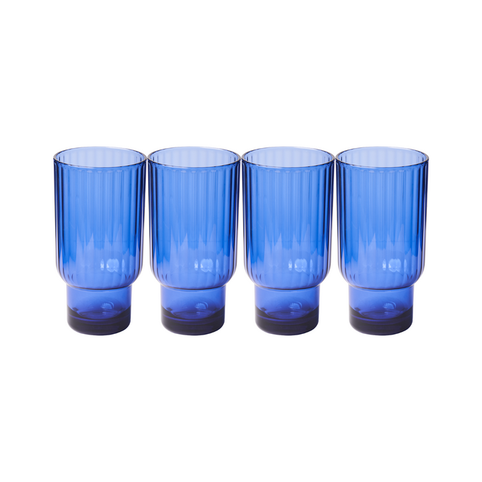 Four Sophistiplate LLC Tumbler Modern Tall Cobalt tumblers (22.3 oz each) are lined up side by side on a white background. This dishwasher safe 4-pack features identical blue cups with vertical ribbed patterns.
