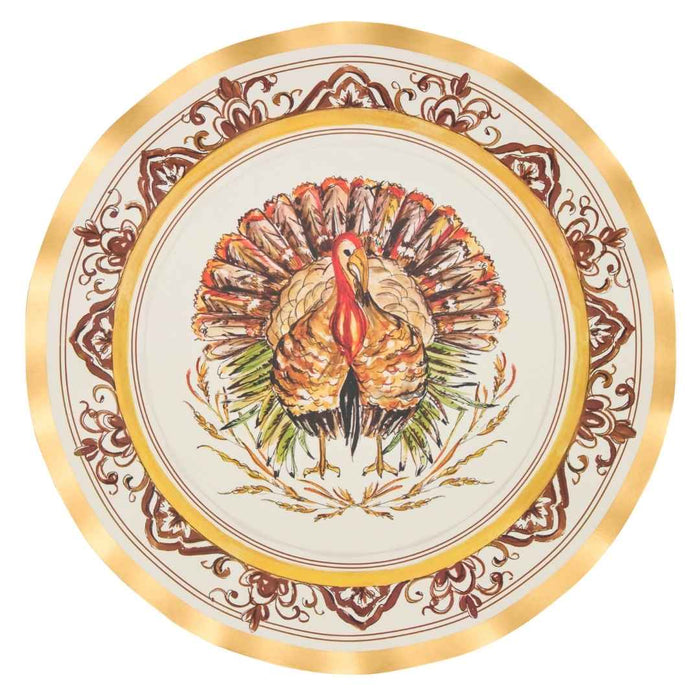 Add festive charm to your holiday table with the Sophistiplate Turkey & Gourds Dinner Plates (8pk), featuring a detailed illustration of a turkey with colorful feathers surrounded by an ornate gold and brown border—perfect for Thanksgiving gatherings.