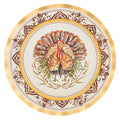 Add festive charm to your holiday table with the Sophistiplate Turkey & Gourds Dinner Plates (8pk), featuring a detailed illustration of a turkey with colorful feathers surrounded by an ornate gold and brown border—perfect for Thanksgiving gatherings.