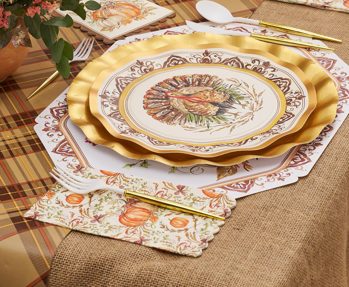 Create a festive autumn table with Sophistiplate's Turkey & Gourds Guest Towels (20pk), featuring turkey and gourd designs—ideal for Thanksgiving gatherings.