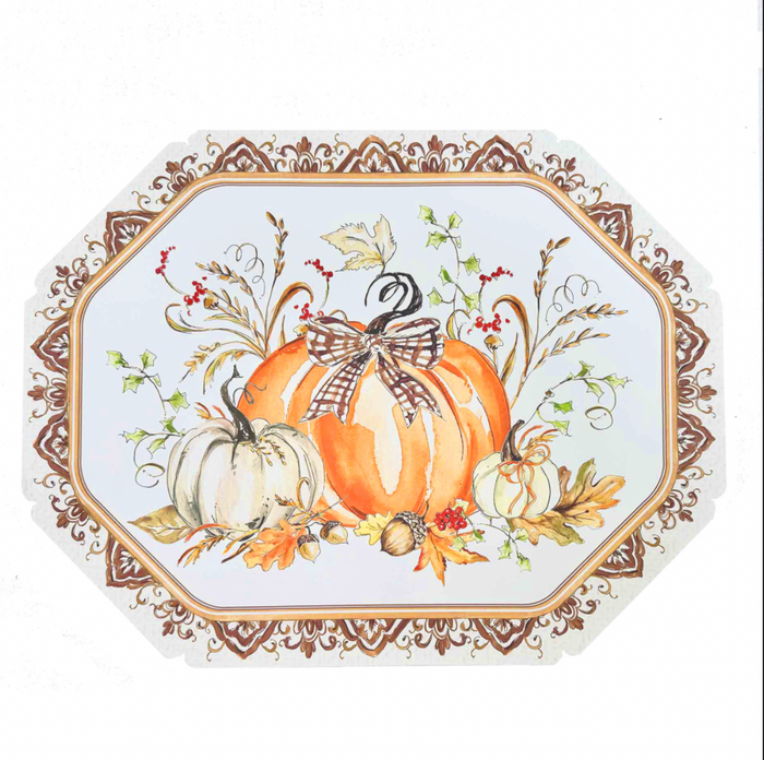 The Rosanne Beck Turkey & Gourds Placemat/10pk features a festive turkey with gourds, autumn leaves, and a plaid border—ideal for seasonal décor or as disposable tableware for your fall gatherings.